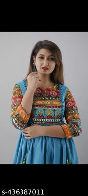 women printed pom pom anarkali kurti