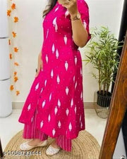 Women Pink Printed Kurti Pant Set | Stylish Printed Kurta Set for Women | 3/4 Sleeve Ethnic Kurti with Pant | Daily & Office Wear