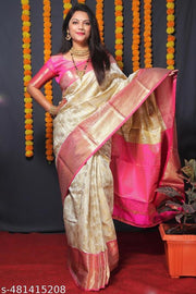 Cream-pink Kanjivaram Soft Lichi Silk Saree With Blouse Piece For Women's