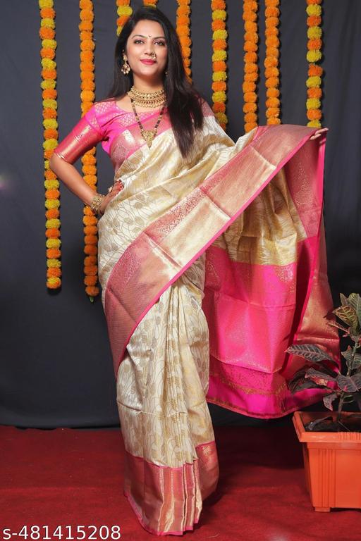 Cream-pink Kanjivaram Soft Lichi Silk Saree With Blouse Piece For Women's