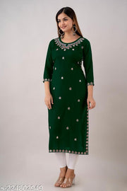 Women's Rayon Dark Green Embroidered  Straight Kurti For festive/Wedding Wear