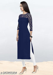 Polyster/Crepe fabric-Casual And Round-Neck 3/4 Length Sleeves Navy Blue Kurti (45"Inches)