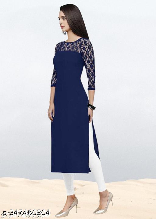 Polyster/Crepe fabric-Casual And Round-Neck 3/4 Length Sleeves Navy Blue Kurti (45"Inches)