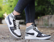 Men's White & Grey Synthetic Leather Outdoor High Ankle Causal Shoes
