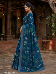 Cotton Linen Teal Kasavu Flower Digital Print Saree Designer And Fancy Bollywood Partywear Wedding Traditional Latest Trends Sari