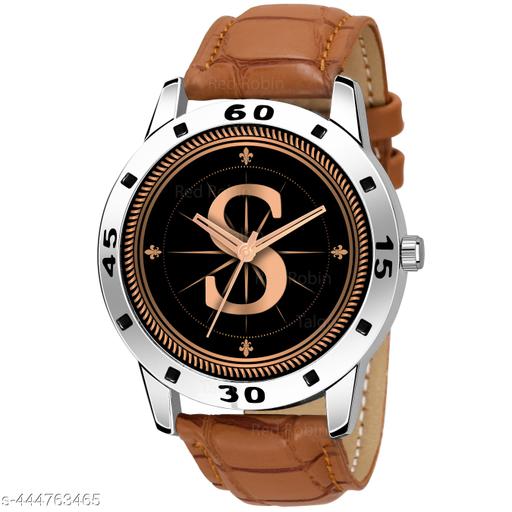 Gadgets WorldAnalog Round Black Dial ALPHABET S Design Stylish Beige Leather Strap Classic Design Fancy Wrist Watch for Men and Boys, Pack of 1 - ALPHA-S-AVO-SIL-TAN-CRL