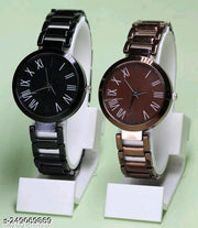 New Ethnic Solid Black Brown Metal Belt Analog Watches Combo for Women
