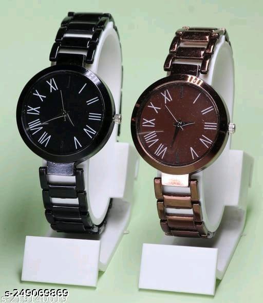 New Ethnic Solid Black Brown Metal Belt Analog Watches Combo for Women