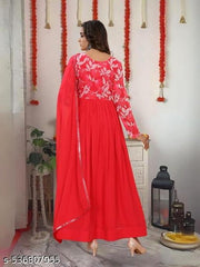NIVA TEX Trending Embrodired Printed Georgette Gown With Dupatta Set RED
