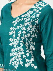 Womens Blue Cotton Embroidered Short Kurti