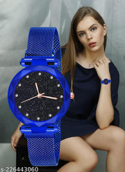 12 Diamond Analog fancy looking latest designed Black Dial Magnet Black Watch for Women or Girls and Watch for Girls or Women
