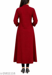 Trendy Attractive Traditional Women Maroon Solid Daily Wear A-Line Kurtis With Mandarin Collar & Pocket (Latest Design for Festive Season 2026)
