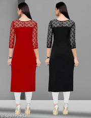 Pack of 1 Casual American Crepe And Net Round-Neck 3/4 Length Sleeves Red & Black Kurti (42"Inches)