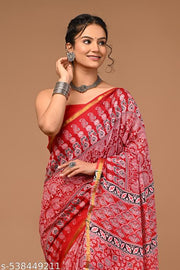Premium quality soft zari cotton mulmul vanaspati Ajrakh printed saree 6.5 mtrs with zari cotton blouse piece