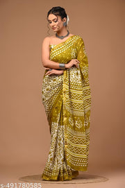 Jaipuri Printed Soft Zari Cotton Mulmul Saree With Attached zari Blouse Piece for Woman