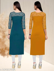 Pack of 1 Casual American Crepe And Net Round-Neck 3/4 Length Sleeves Rama & Yellow Kurti (42"Inches)