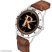 Krolexe Analog Round Black Dial ALPHABET R Design Stylish Brown Leather Strap Classic Design Fancy Wrist Watch for Men and Boys, Pack of 1 - ALP-R-AVO-SIL-DBRW-CRL