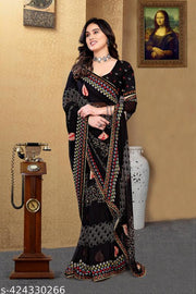 Black Saree with Lace Border, Comfortable Georgette Printed Daily Wear Saree with unstitched Blouse Piece, New Arrival Latest saree, Trending Saree