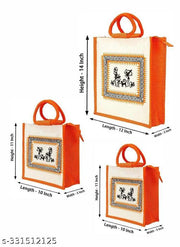 Printed Eco-Friendly Tribal Canvas Print Jute Bag/Shopping Bag/Grocery Bag with Zip Closure (orange), Pack of 3