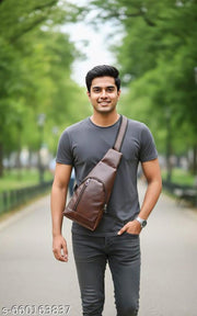 Premium Brown Faux Leather Sling unisex Bag | Crossbody Chest Bag with Multi-Pocket Design | Waterproof Travel Shoulder Bag