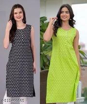 Printed Kurti Combo | Sleeveless Rayon | Black & Green | Ethnic Wear for Women