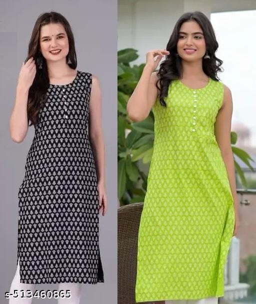 Printed Kurti Combo | Sleeveless Rayon | Black & Green | Ethnic Wear for Women