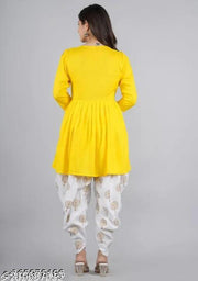 Stylum Women's Embellished Rayon Pleated Kurta Dhoti Pant Set (Mustard)