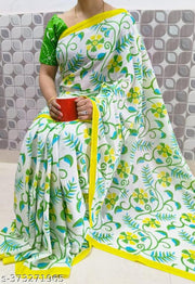 Latest Pure Cotton Mulmul Hand Printed Saree With Unstitched Blouse