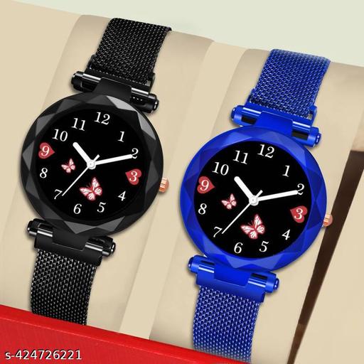 Analog Watch - For Girls Pack Of 2  Dial Black And Gold Magnetic Strap Woman