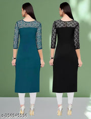 Polyster/Crepe fabric-Pack of 1 Casual And Round-Neck 3/4 Length Sleeves Rama & Black Kurti (42"Inches)