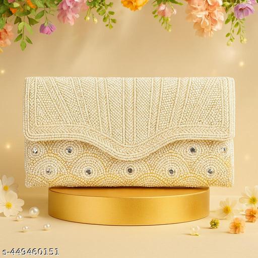 Wedding & Party Wear Clutch For Women || Stylish & Casual Clutch For Women & Girls || Beaded Women Designer Clutch Purs & Wallet || Handcrafted open Closure Clutches for Women and Girls (White)