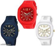 Square Dial Black Blue Grey White Red Analog Watches with Silicon Strap Stylish ADDI Designer Combo Watch for Mens & Boys Pack of 3