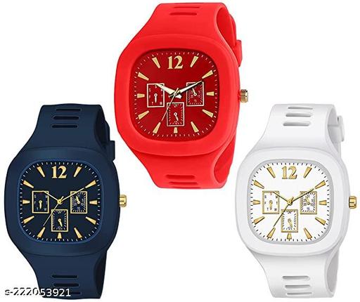 Square Dial Black Blue Grey White Red Analog Watches with Silicon Strap Stylish ADDI Designer Combo Watch for Mens & Boys Pack of 3