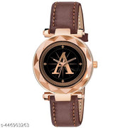 Skoal Analog Round Black Dial ALPHABET A Design Stylish Brown Leather Strap Classic Design Fancy Wrist Watch for Women and Girls, Pack of 1 - ALPHA-A-GEN-RG-BRW-L