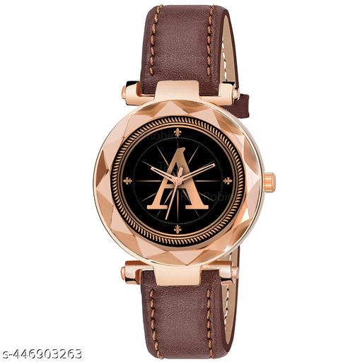 Skoal Analog Round Black Dial ALPHABET A Design Stylish Brown Leather Strap Classic Design Fancy Wrist Watch for Women and Girls, Pack of 1 - ALPHA-A-GEN-RG-BRW-L