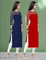 Polyster/Crepe fabric-Pack of 1 Casual And Round-Neck 3/4 Length Sleeves Navy Blue & Red Kurti (42"Inches)
