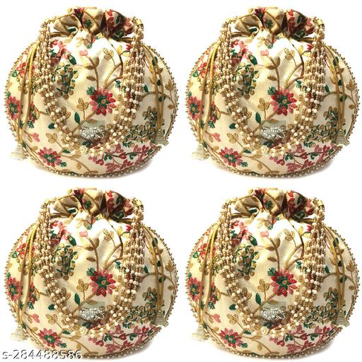 Foxtree 4 Pcs Indian Handmade Embroidered Potli Combo For Womens & Girls Wristlets Handbags To Carry In Parties, Weddings And Social Events Purses.