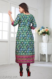 Women’s Floral Printed Straight Kurti | 3/4 Sleeve Ethnic Kurta | Round Neck Stylish Kurti | Casual, Office Wear, Daily Wear & Festive Outfit