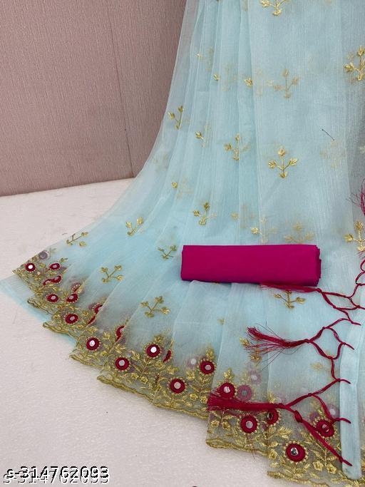 Designer Net Mirror Embroidery Saree with Floral Border and Contrast Blouse