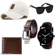 Pack of 5 Stylish Dial Watch, Stylish Sport Baseball Cap & Stylish  Wayfarer Sunglass  Wellet Belt for Men's and Boy's (Pack of 5) (pack of 5..)summer accesories |fashionable combo|branded combo|voguish cap|latest cap|designer cap|