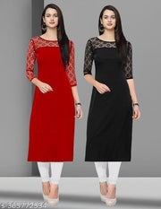Pack of 1 Casual American Crepe And Net Round-Neck 3/4 Length Sleeves Red & Black Kurti (42"Inches)