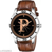 Prathshya Analog Round Black Dial ALPHABET P Design Stylish Brown Leather Strap Classic Design Fancy Wrist Watch for Men and Boys, Pack of 1 - ALPHA-P-AVO-SIL-DBRW-CRL