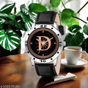 Femeo  Analog 9111 Watches Round Black Dial D Design Stylish Black Leather Strap Classic Design Fancy Wrist Watch for Men and Boys, Pack of 1 - A07ZALPHA-D-AVO-SIL-BLK-L