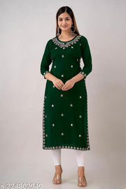 Women's Rayon Dark Green Embroidered  Straight Kurti For festive/Wedding Wear