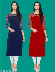 Pack of 1 Casual American Crepe And Net Round-Neck 3/4 Length Sleeves Navy Blue & Red Kurti (42"Inches)