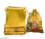 Foxtree Pack of 10 Pieces Silk Tissue Organza Drawstring Closure Golden Small Size Potli Bags Pouch Best for Party Supply Return Gift Bags (23 cm X 18 cm)
