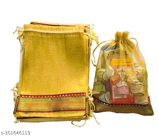 Foxtree Pack of 10 Pieces Silk Tissue Organza Drawstring Closure Golden Small Size Potli Bags Pouch Best for Party Supply Return Gift Bags (23 cm X 18 cm)