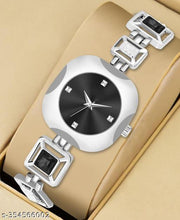 OHHO Premium Square Design Black Stone Studded & Silver Metal Bracelet Strap (Women-Ladies-Girls) Analog Watch - For Girls