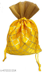 3A FEATURETAIL 13Cm X 18Cm 10pc Yellow Color Golden Berfi Small Drawstring Bags Pouches Potli For Gift, Jewelry, Dryfruits & Candy