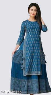 Double Layer Viscous Foil Print Kurti For Women